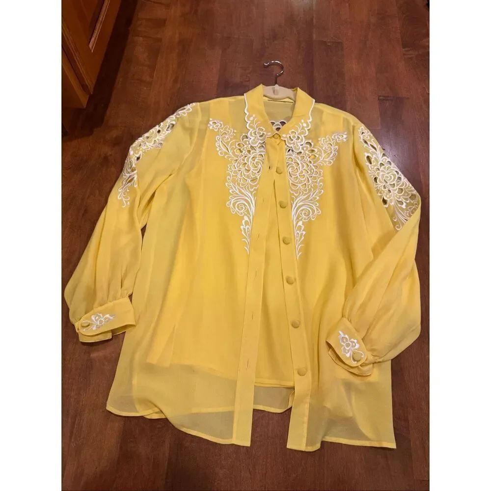 Vintage Bob Mackie Wearable Art 100% Silk Embroidered Blouse Medium Yellow Cutwo